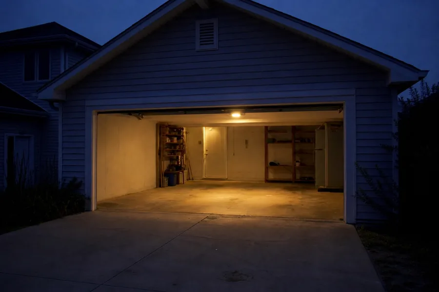 Brick ranch with a two-car garage door at dusk