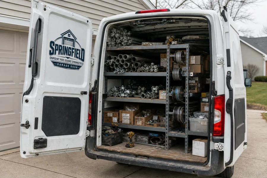 Inside the OnPoint Pro Doors Springfield truck: springs, rollers, drums and hinges stocked for Springfield